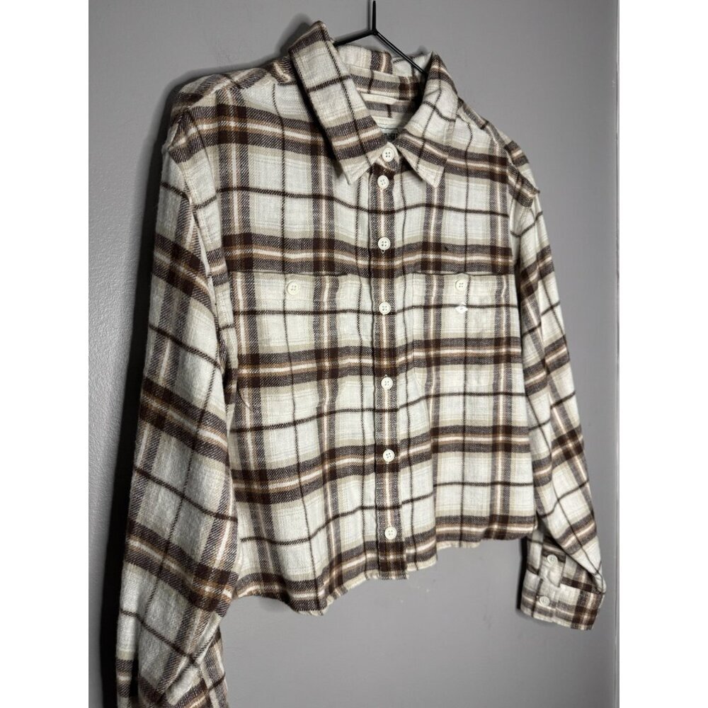 American Eagle Cozy Cabin Cropped Boxy Flannel Shirt Womens Size S Plaid Button